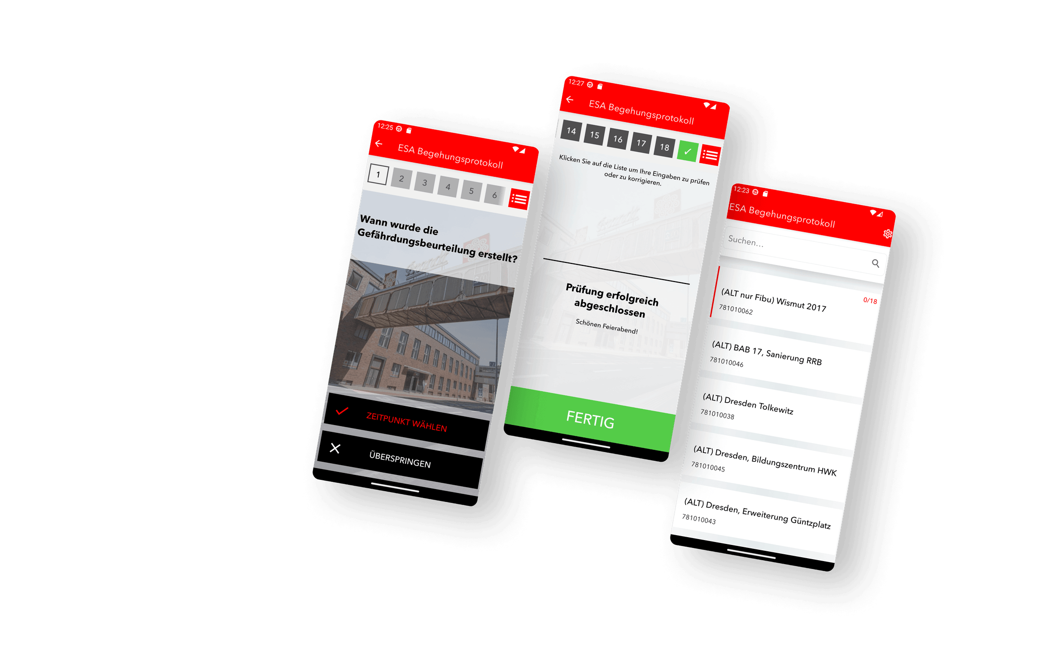 Im ersten Abschnitt werden drei Screens der Eiffage Sicherheits-App präsentiert. Zwei Screens zeigen ein Formular einer Baustellen Gefährdungsbeurteilung, für mehr Arbeitssicherheit sowie eine Erfolgsmeldung nach Abschluss einer Sicherheitsprüfung auf der Baustelle. Ein weiterer Screen der App zeigt eine durchsuchbare Liste von Projekten zur schnellen Navigation und Dokumentation.