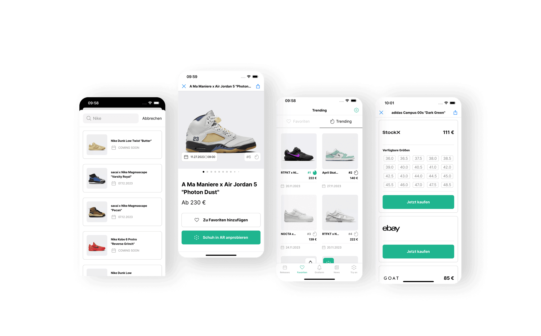 Der nächste Abschnitt stellt vier App Screendesigns vor, wie z.B. die praktische Suchfunktion mit Filteroptionen nach Marken oder eine virtuelle Sneaker Anprobe mit Augumented Reality. Zudem kannst du deine Favoriten markieren und eine Wunschliste dafür anlegen. Die Verfügbarkeit der Sneaker zu prüfen ist ganz einfach, indem du Preise vergleichst und direkt zum Shop gelangst.