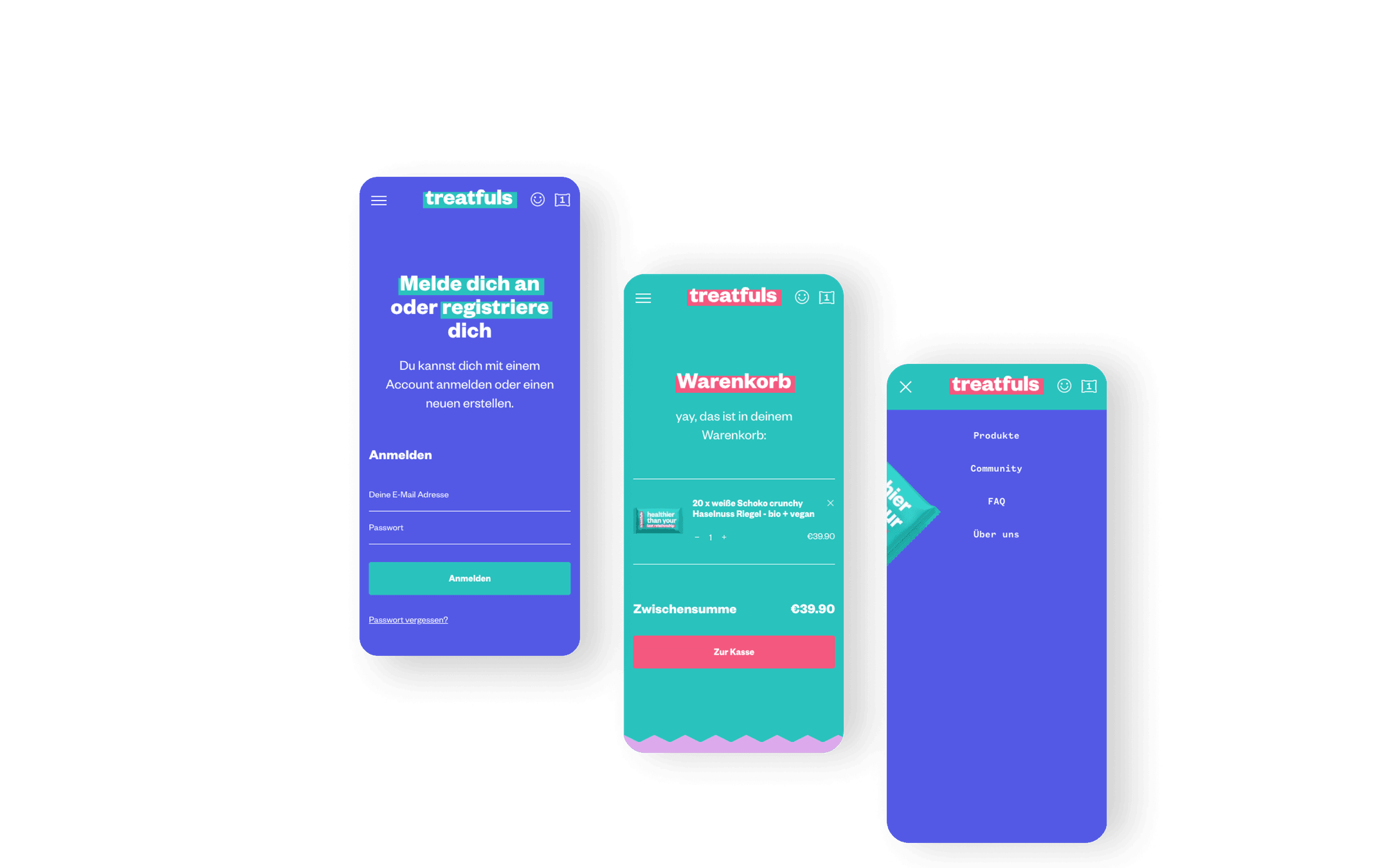 Im nächsten Abschnitt liegen drei weitere Screens die den Anmeldebereich, den Warenkorb und das Navigationsmenü zeigen. Treatfuls verwendet gerne spielerische Sätze wie ‚Yay, das ist in deinem Warenkorb‘, um den Einkaufsprozess unterhaltsam zu gestalten. Das Navigationsmenü bietet Links zu Produktübersichten, Community-Engagement, FAQs und Unternehmensinformationen.