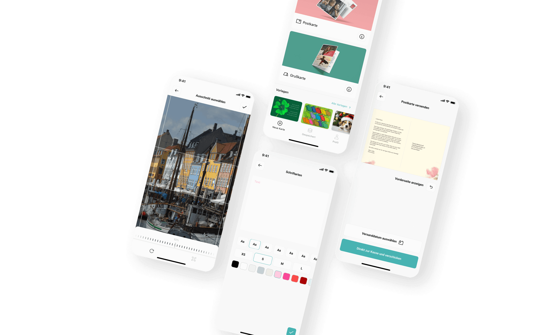 Weitere Benutzeroberflächen ermöglichen das Bearbeiten von Bildern, die Auswahl von Schriftarten, das Hinzufügen von Text und die Festlegung des Versanddatums.