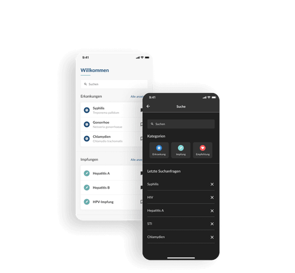 In den nächsten Abschnitten werden mehrere Screendesigns der DSTIG App präsentiert. Die Startseite der App besteht aus Suchfeld, Liste von STIs und Optionen für Lesezeichen. Dark-Mode der Suchseite in der Gesundheits-App mit Kategorien wie Erkrankung, Impfung und Empfehlung, plus einer Historie der letzten Suchanfragen.