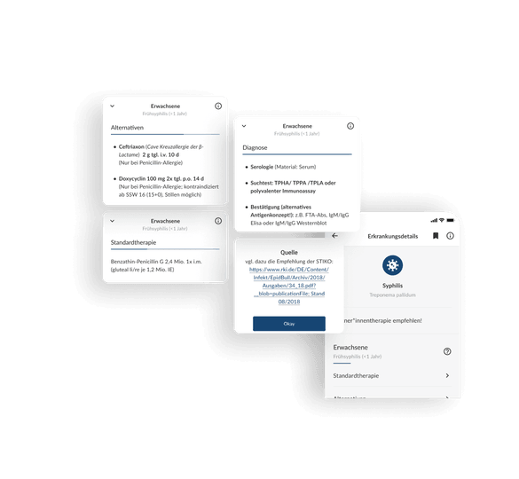 Im nächsten Abschnitt werden auf zwei Screens Informationskarten mit Therapiealternativen für Allergiker mit Anweisungen zur Medikamentenverabreichungen dargestellt sowie auch die Standardtherapie. Detailansicht der Diagnoseoptionen in Gesundheits-App, die verschiedene Testverfahren und -methoden aufzeigt.