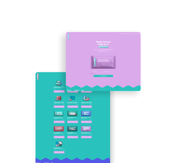 Im Folgenden wird die Desktop-Produktübersichtsseite präsentiert, die eine Auswahl an veganen Snackriegeln sowie Optionen zum Hinzufügen zum Warenkorb zeigt. Ein weiterer Desktop-Screen ermöglicht es den Kunden, ein individuelles Snackriegel-Design mit personalisiertem Text für Treatfuls zu gestalten.