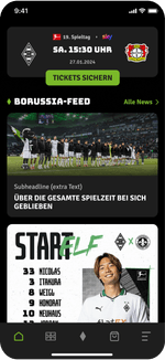 Ein Screendesign der FohlenApp von Borussia Mönchengladbach wird dargestellt, um einen kurzen Einblick in die App zu geben.
